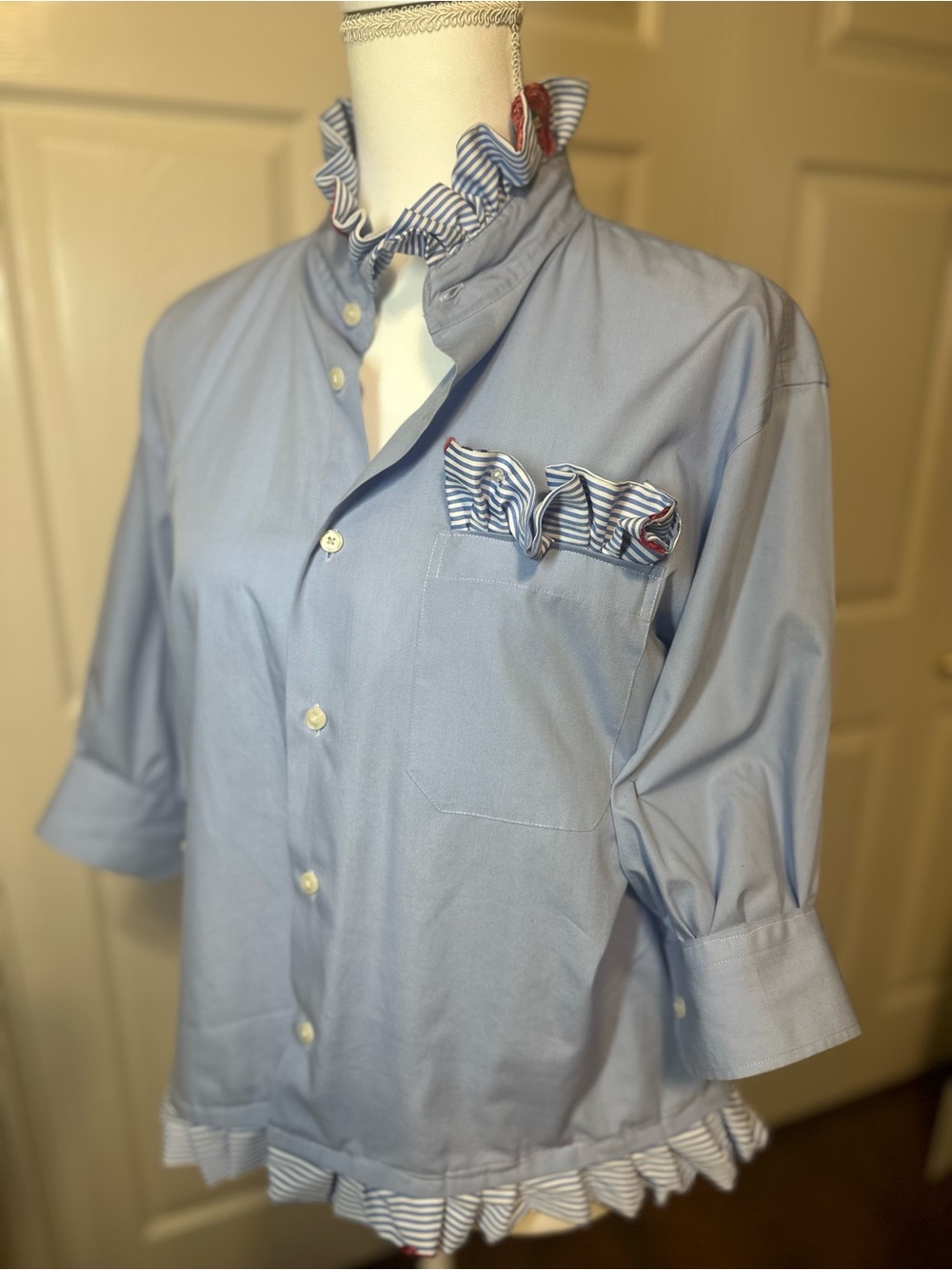 Light Blue Ruffled Collar Button-Front Blouse